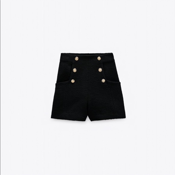 Zara Black Textured High Waisted Shorts with Gold Buttons - Picture 2 of 10